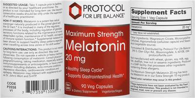 Photo of the Protocol For Life Balance Maximum Strength Melatonin 20 mg label