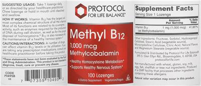 Photo of the Protocol For Life Balance Methyl B12 1,000 mcg Methylcobalamin label