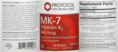 Photo of the Protocol For Life Balance MK-7 Vitamin K2 160 mcg label