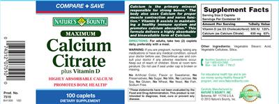 Photo of the Nature's Bounty Maximum Calcium Citrate Plus Vitamin D label