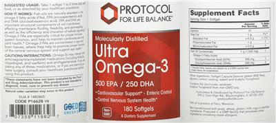 Photo of the Protocol For Life Balance Molecularly Distilled Ultra Omega-3 500 EPA / 250 DHA label