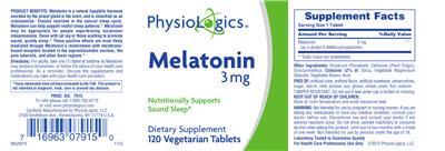 Photo of the PhysioLogics Melatonin 3 mg label