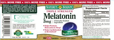 Photo of the Nature's Bounty Triple Strength Melatonin 3 mg label