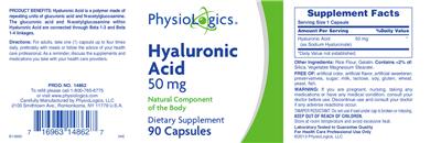 Photo of the PhysioLogics Hyaluronic Acid 50 mg label