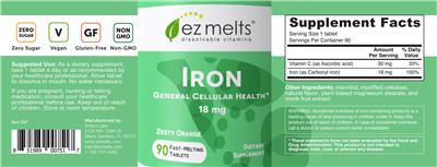 Photo of the EZ Melts Iron 18 mg Zesty Orange label