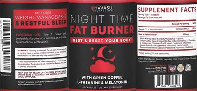 Photo of the Havasu Nutrition Night Time Fat Burner label