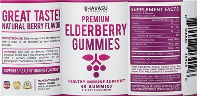 Photo of the Havasu Nutrition Premium Elderberry Gummies Natural Berry Flavor label