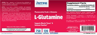 Photo of the Jarrow Formulas L-Glutamine 750 mg label