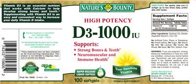 Photo of the Nature's Bounty High Potency D3-1000 IU label