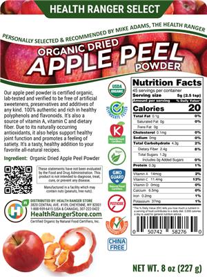 Photo of the Health Ranger Select Organic Dried Apple Peel Powder label