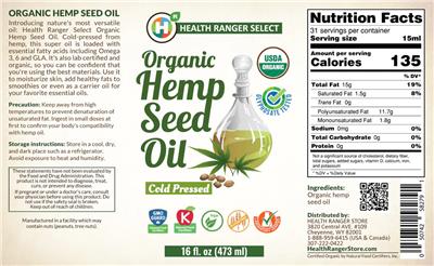 Product label for Organic Hemp Seed Oil