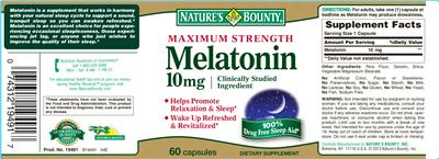 Photo of the Nature's Bounty Maximum Strength Melatonin 10 mg label