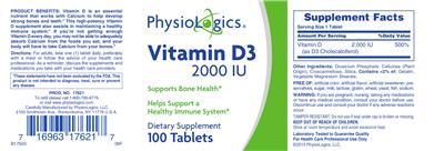 Photo of the PhysioLogics Vitamin D3 2000 IU label