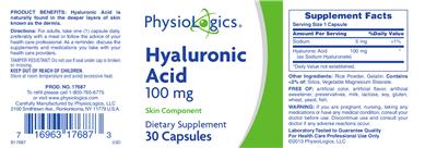 Photo of the PhysioLogics Hyaluronic Acid 100 mg label
