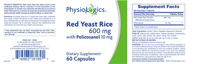 Photo of the PhysioLogics Red Yeast Rice 600 mg with Policosanol 10 mg label