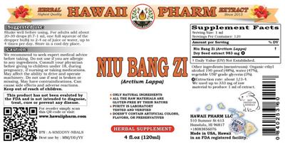 Photo of the Hawaii Pharm Niu Bang Zi label