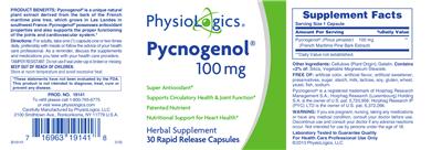 Photo of the PhysioLogics Pycnogenol 100 mg label