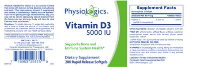 Photo of the PhysioLogics Vitamin D3 5000 IU label