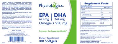 Photo of the PhysioLogics EPA 625 mg DHA 244 mg Omega-3 950 mg label