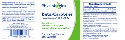 Photo of the PhysioLogics Beta-Carotene Provitamin A 25,000 IU label