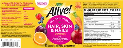 Photo of the Nature's Way Alive! Hair, Skin & Nails Gummies Delicious Strawberry Flavored label