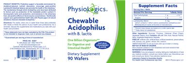 Photo of the PhysioLogics Chewable Acidophilus with B. Lactis Natural Strawberry Flavor label