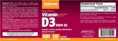 Photo of the Jarrow Formulas Vitamin D3 5000 IU label
