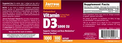Photo of the Jarrow Formulas Vitamin D3 1000 IU label