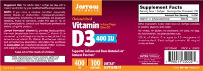Photo of the Jarrow Formulas Vitamin D3 400 IU In Extra Virgin Olive Oil label