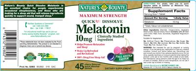 Photo of the Nature's Bounty Quick Dissolve Melatonin 10 mg Cherry Flavored label