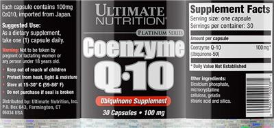 Photo of the Ultimate Nutrition Platinum Series Coenzyme Q-10 100 mg label