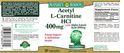 Photo of the Nature's Bounty Acetyl L-Carnitine HCl 400 mg With Alpha Lipoic Acid 200 mg label