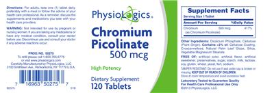 Photo of the PhysioLogics Chromium Picolinate 500 mcg label