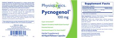 Photo of the PhysioLogics Pycnogenol 100 mg label