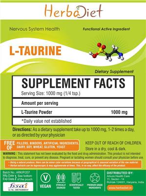 Photo of the Herbadiet L-Taurine Powder label