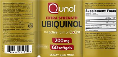 Photo of the Qunol Extra Strength Ubiquinol 200 mg label