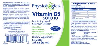 Photo of the PhysioLogics Vitamin D3 5000 IU Natural Orange Flavor label