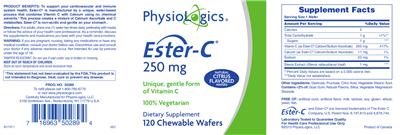 Photo of the PhysioLogics Ester-C 250 mg Natural Citrus Flavord Wafers label