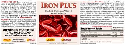 Photo of the ProCaps Laboratories Iron Plus label