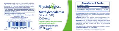 Photo of the PhysioLogics Methylcobalamin (Vitamin B-12) 1000 mcg label