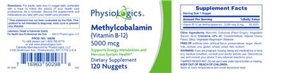 Photo of the PhysioLogics Methylcobalamin (Vitamin B-12) 5000 mcg label