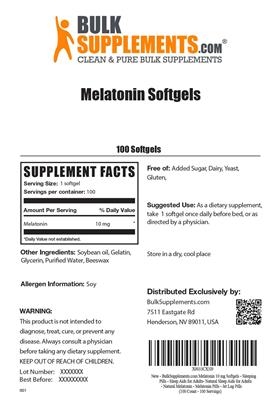 Photo of the BulkSupplements.com Melatonin Softgels label