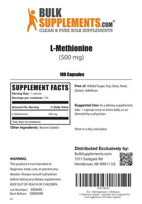 Photo of the BulkSupplements.com L-Methionine 500 mg label