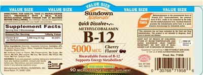 Photo of the Sundown Naturals Quick Dissolve Methylcobalamin B-12 5000 mcg Cherry Flavor label