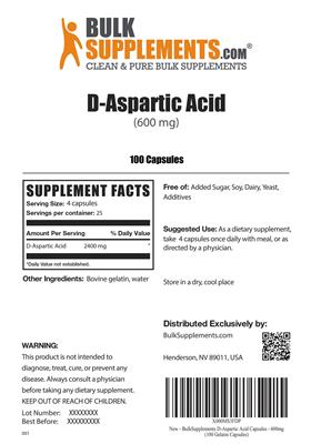 Photo of the BulkSupplements.com D-Aspartic Acid (600 mg) label