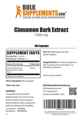 Photo of the BulkSupplements.com Cinnamon Bark Extract (1000 mg) label