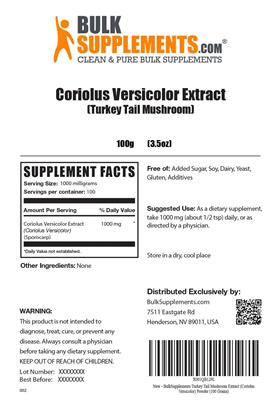 Photo of the BulkSupplements.com Coriolus Versicolor Extract (Turkey Tail Mushroom) label