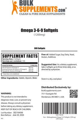 Photo of the BulkSupplements.com Omega 3-6-9 Softgels (1200 mg) label