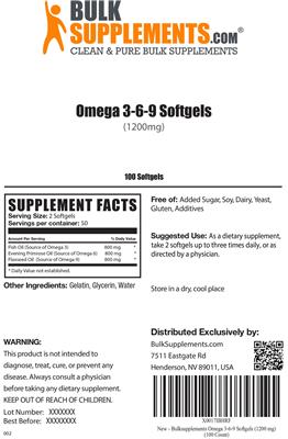 Photo of the BulkSupplements.com Omega 3-6-9 Softgels (1200 mg) label