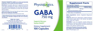 Photo of the PhysioLogics GABA 750 mg label